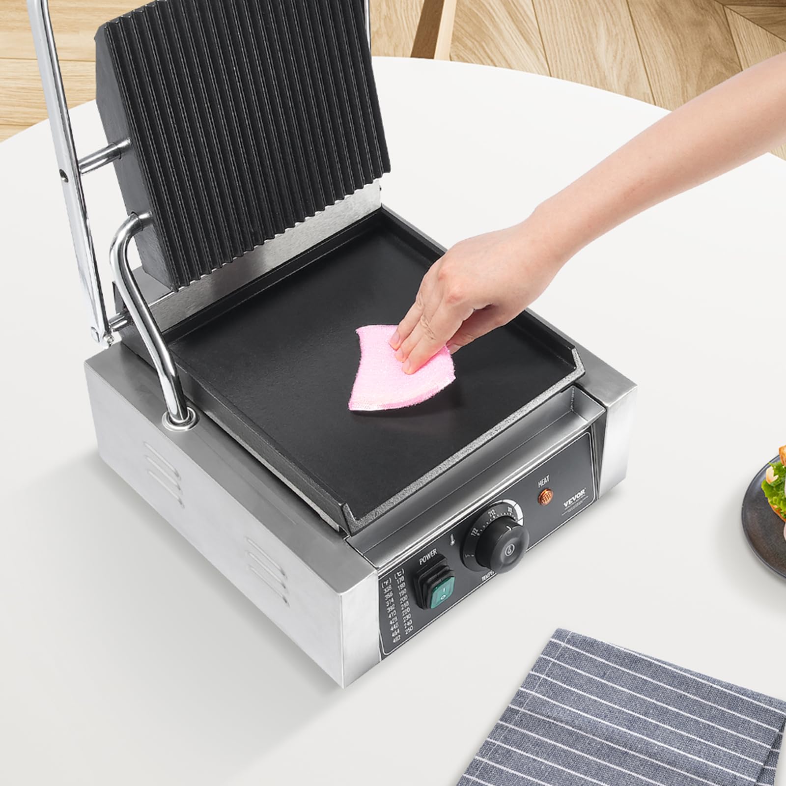 VEVOR Parrilla Comercial Eléctrica para Panini para Hacer Sándwiches y Panini, Acero Inoxidable, con Control de Temperatura y Placa Plana Esmaltada, para Hamburguesas y Tocino, 310 x 410 x 215 mm