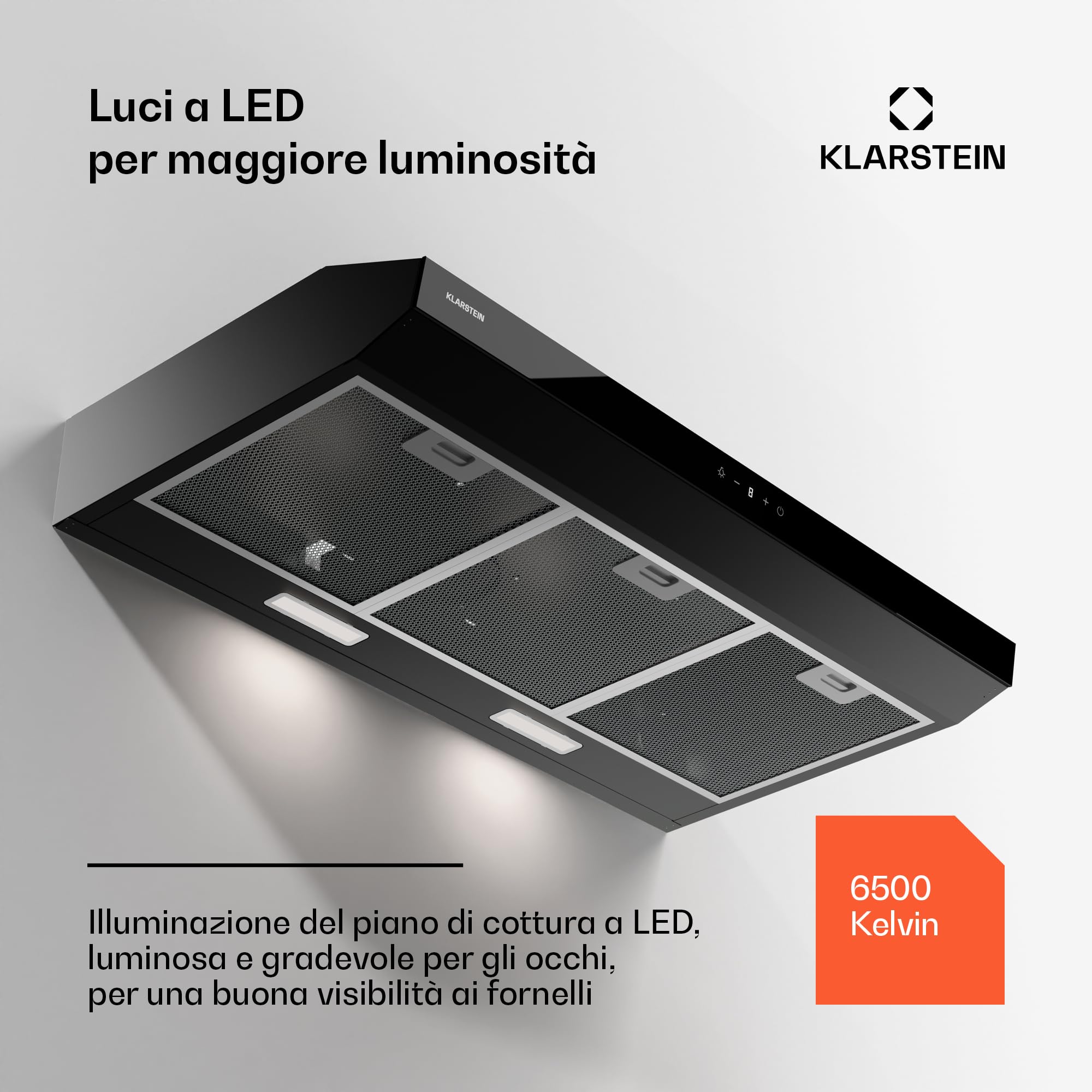 Klarstein Cappa Aspirante a Incasso, Cappa Cucina con Filtro, Cappa Aspirante Cucina in Alluminio, Cappa da Parete con Flusso d'Aria 175m³/h, Illuminazione LED, Timer, Cappa Aspirante Filtrante