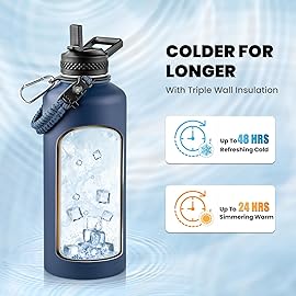 RAYMYLO Insulated Water Bottle 87 oz, Triple Wall Vacuum Stainless Steel (Cold for 48 Hrs), Leak Proof & Non-BPA, Modern Water Flask Jug with Paracord Handle & Straw Spout Lids, Navy Blue