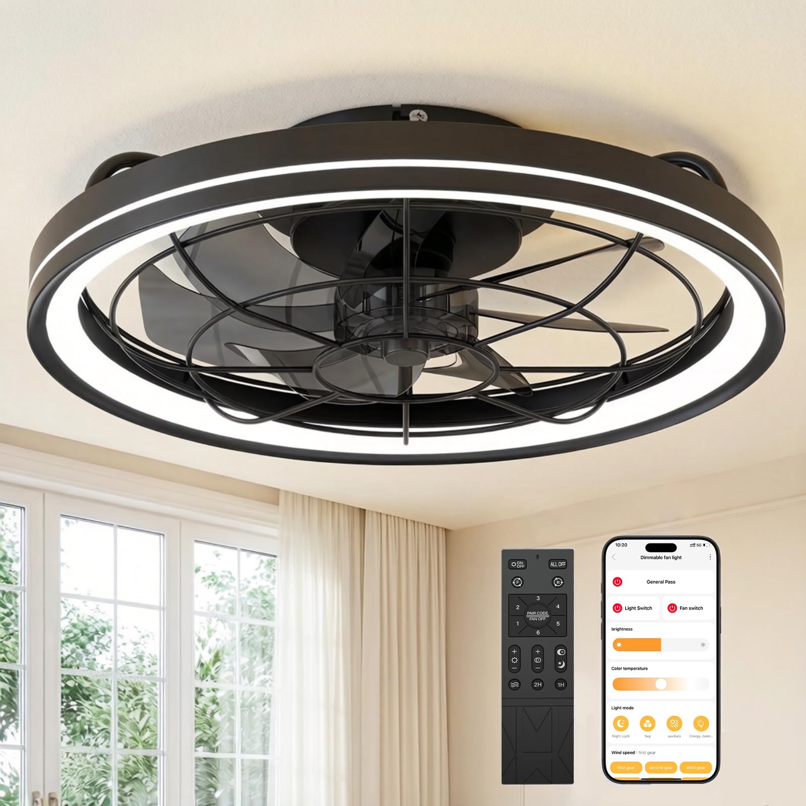 Deckenventilator mit Beleuchtung, dimmbar, Ø48cm, 6 Stufen, 3000-6500K, Fernbedienung & App, Timer, Schwarz