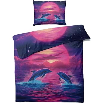 Dolphin Bed Linen 135 x 200 cm Neon Moon Sea Dolphin Reversible Bed Linen Soft Cuddly Microfibre Duvet Cover Set 2-Piece 1 Pillowcase 80 x 80 cm with Zip -MO&265