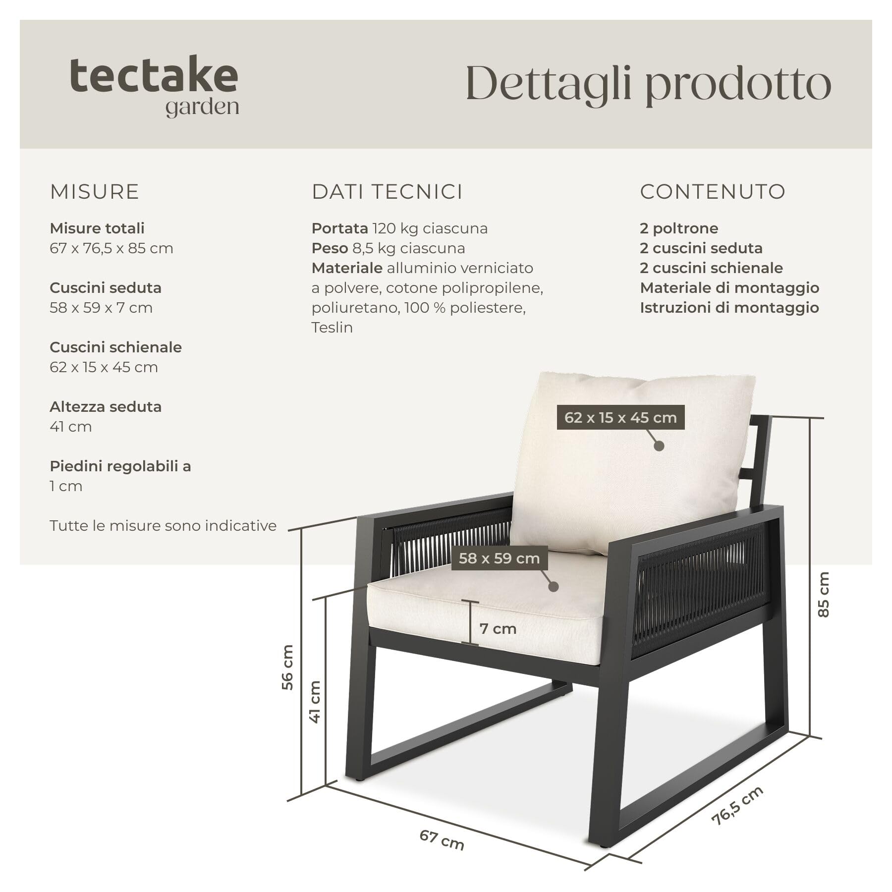 Tectake Set Salottino da Giardino 2 Posti, Telaio Alluminio Antiruggine, Cuscini Spessi, Design a Corda