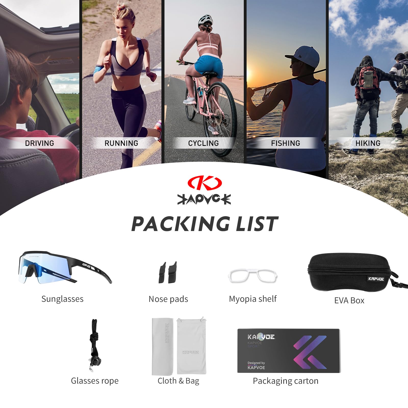KAPVOE Photochromatische Selbsttönend Fahrradbrille TR90 Rahmen für Herren Damen Jungen Mädchen Klar Sportsonnenbrille K9023