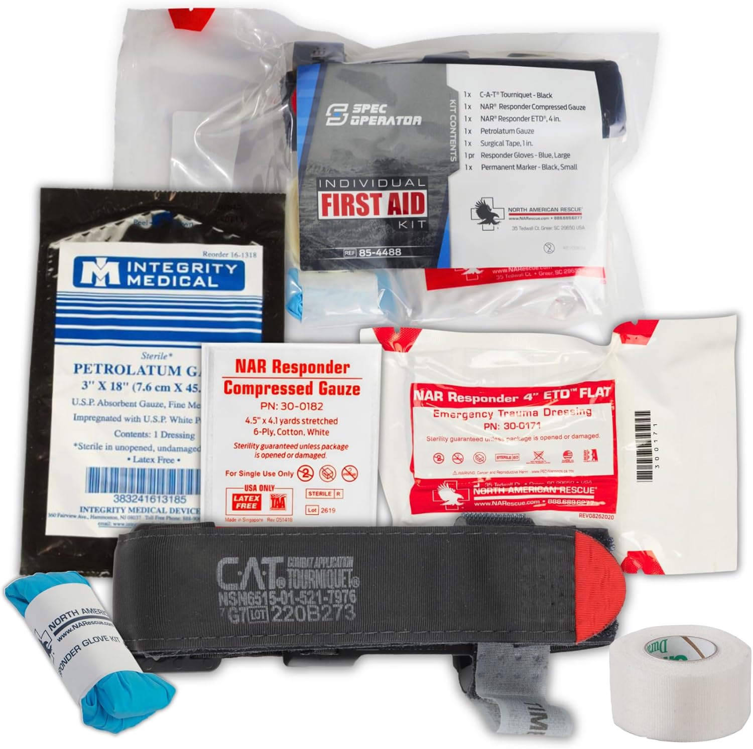 NAR Individual First Aid Kit | C-A-T Tourniquet, Trauma Dressing, Gauze | Vacuum Sealed, Clear