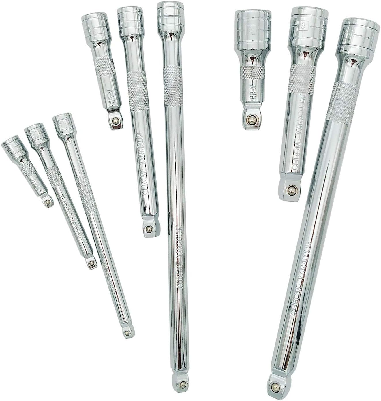 Wobble Socket Extension Bar Set 9-Pcak, 1/4",3/8" and 1/2" Drive Extension, CR-V Steel & Visibility Markings, Partially Inserted for Wobble, VASTOOLS