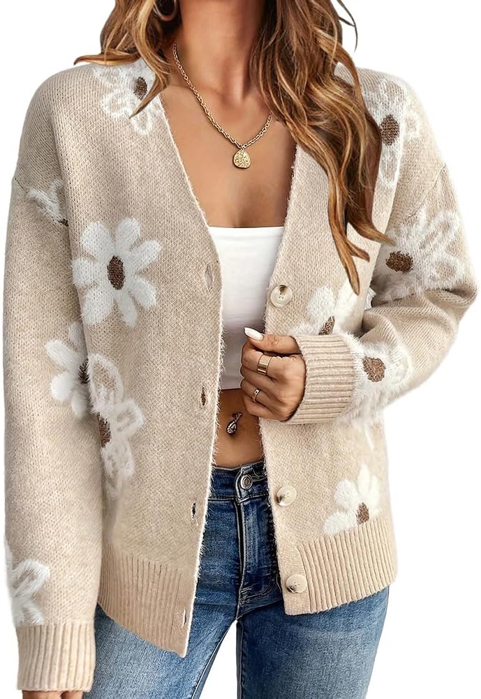 Mywinway Flower Sweater Cardigan Sweaters for Women 2025 Fall Sweaters Lightweight Knit Daisy Cute Casual Jackets