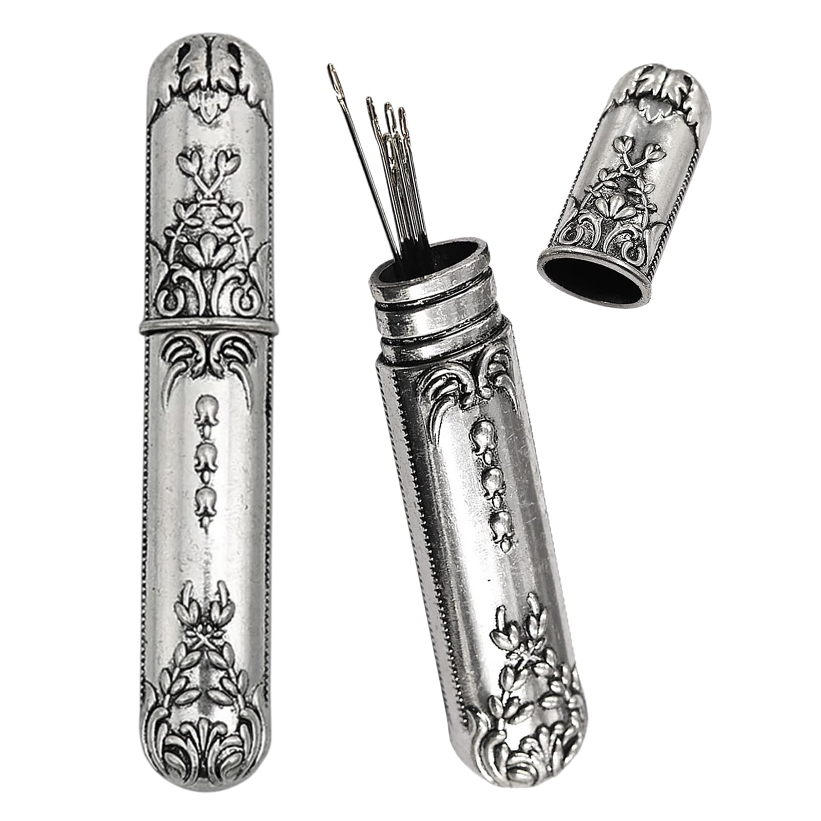 KinetiCore Vintage Sewing Needle Case, Silver Alloy Steel Needle Storage Holder, Portable Embroidery Needle Organiser with Stereoscopic Pattern, Sewing Tools for Embroidery Cross Stitch Beading