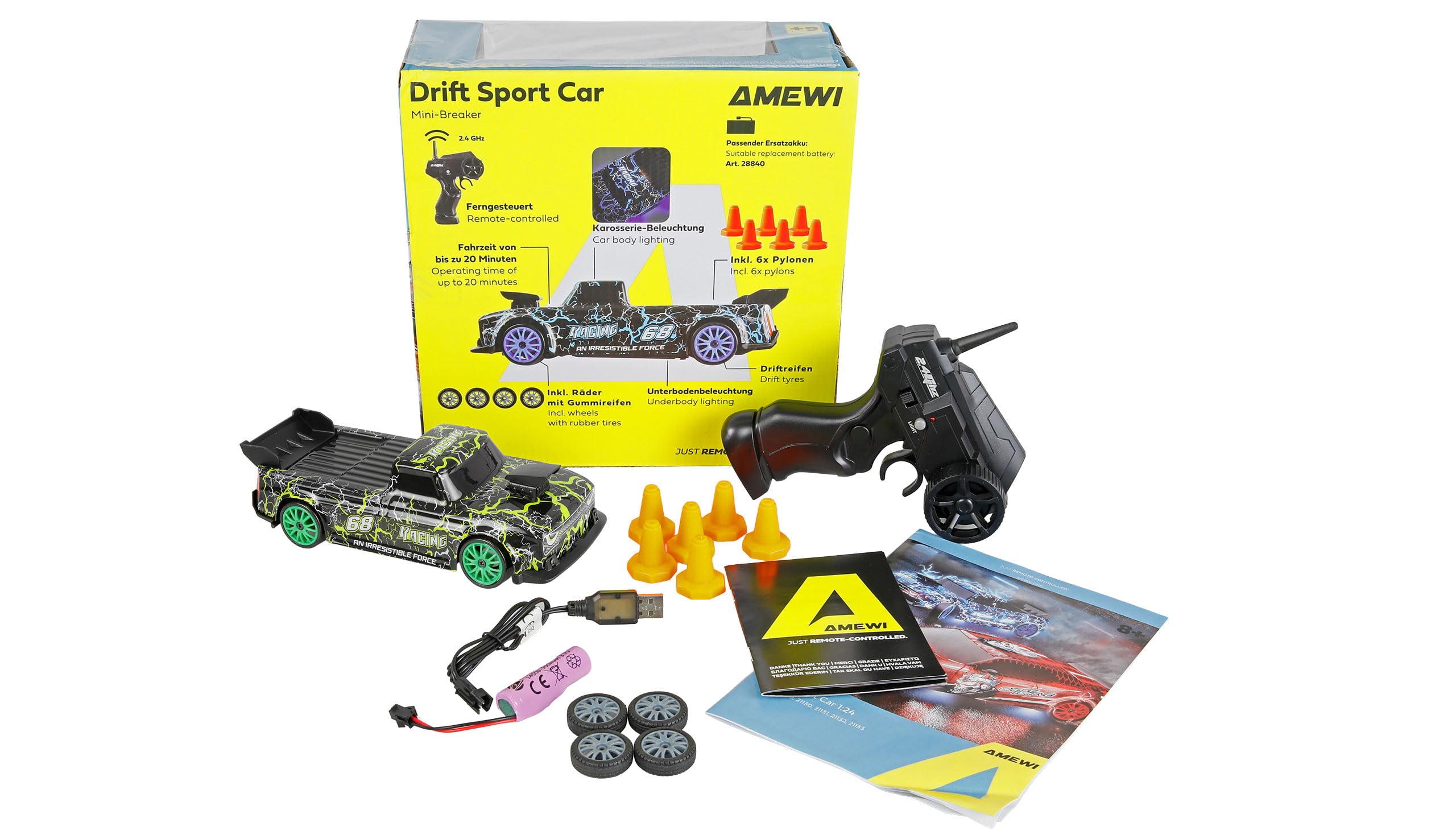 Remote Controlled Drift Sport Car Mini Breaker with Underbody Lighting 4WD 1:24 RTR Green Children from 6 Years