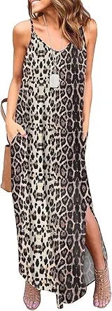 HUSKARY Women's Summer Casual Sleeveless V Neck Strappy Split Loose Dress Beach Cover Up Long Cami Maxi Dresses with Pocket