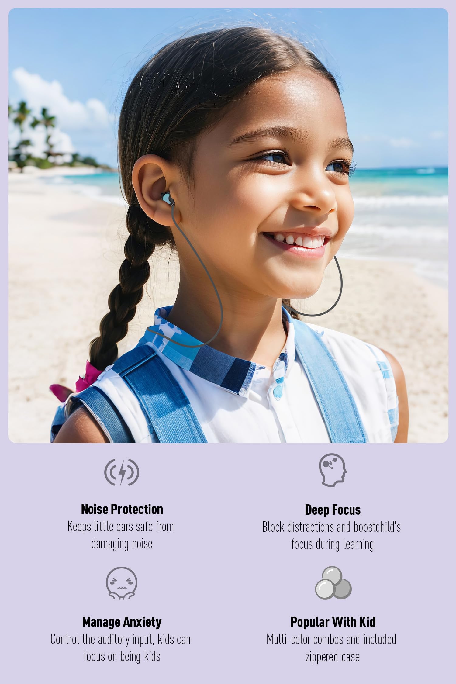 Bouchons d'oreilles réutilisables pour enfants (6 à 12 ans) avec cordon, protection auditive pour enfants, anti-bruit, pour la concentration, les voyages, les concerts, la socialisation, les