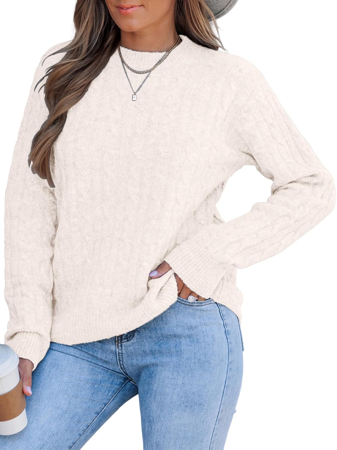 DancingYarns Womens Cable Knit Sweaters for Women Fall Winter 2025 Trendy Ladies Casual Business Outfits Cute Soft Sweater Classic Crew Neck Long Sleeve Pullover Tops Off-White M