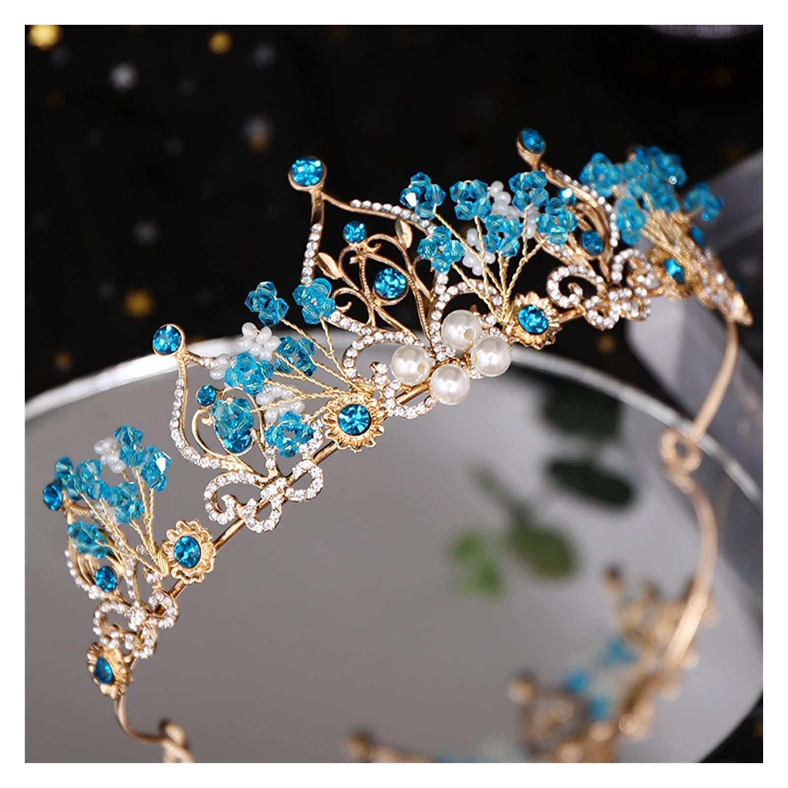 Blume Perle Blau Kristall Tiara Trendige Prinzessin Krone Braut Diadem Hochzeit Krone Diademe Haarschmuck Hochzeit Haarschmuck Tiara (Metal Color : A Blue)