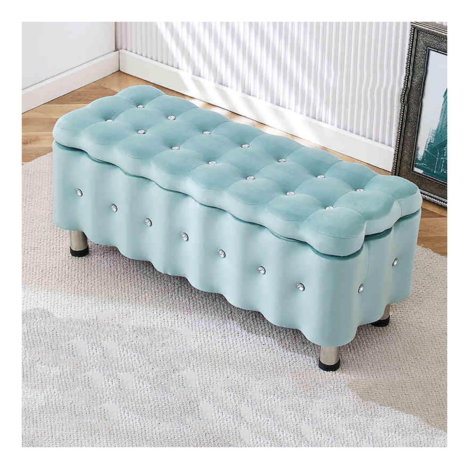 GDMDPTE Modern Sto Ottoman Recular Shoe Bench with Upholstet Slish Fabric Sto Stool for Living Room Bedroom Entryway Hallway Office (Cyan 80x40x40 cm)