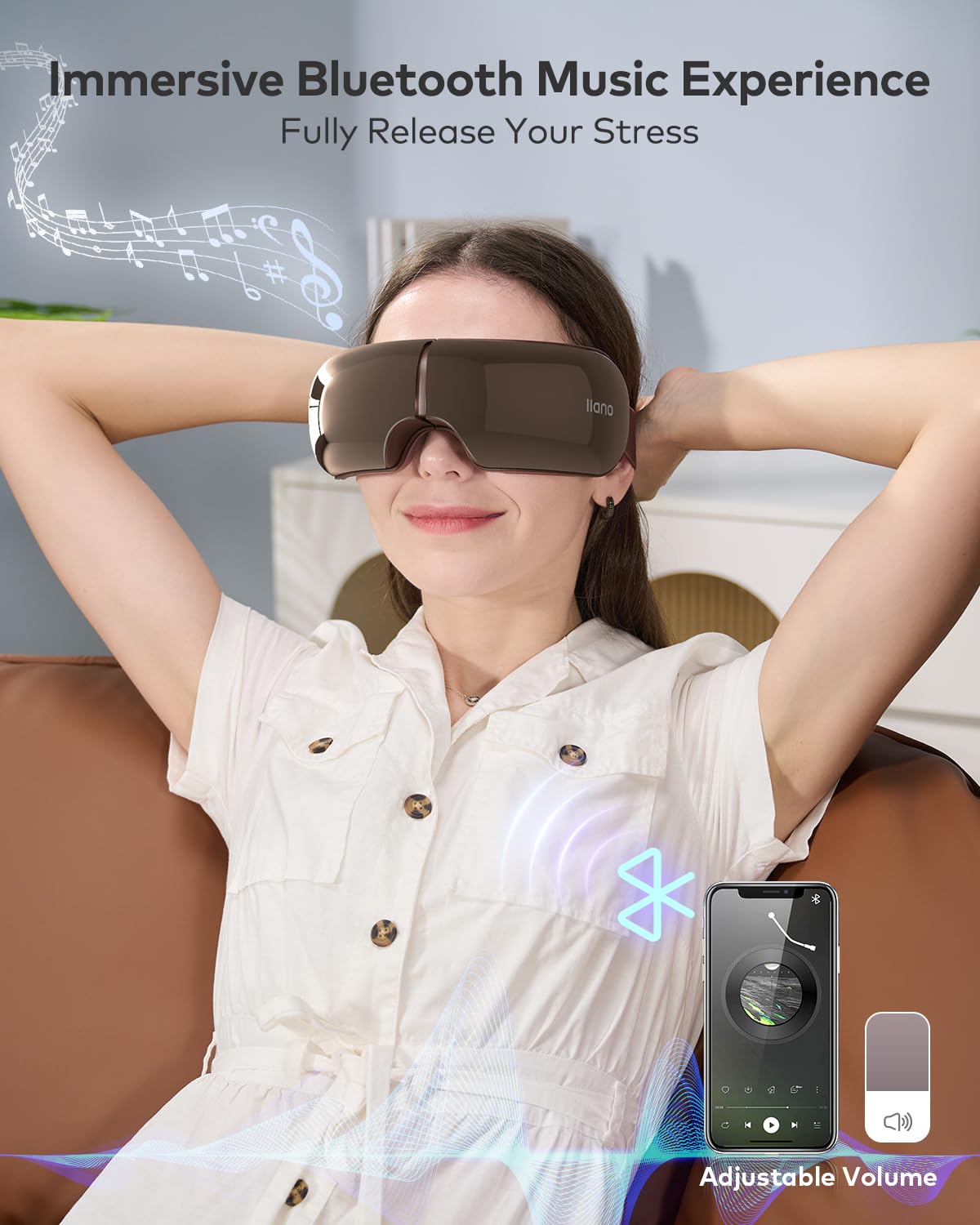 llano Masajeador de Ojos con Calor, Masaje Vibratorio, Bluetooth Integrado, 4 modos, Pantalla Translúcida, Diseño Ergonómico en 3D y Plegable (Glossy Brown)