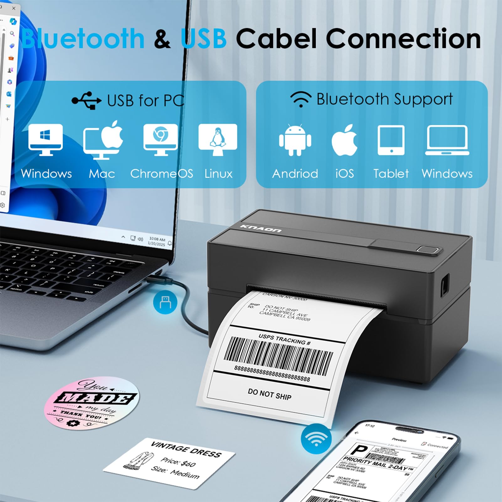 KNAON - Bluetooth Thermo-Etikettendrucker, kabelloser 4x6 Thermodrucker für kleine Unternehmen, kompatibel mit iPhone, Android, Windows, Mac und Chromebook, funktioniert mit Ebay Shopify