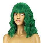 BERON 14 Inches Emerald Green Wig for Women Short Curly Green Wigs with Bangs for Daily Party Hairnet Include