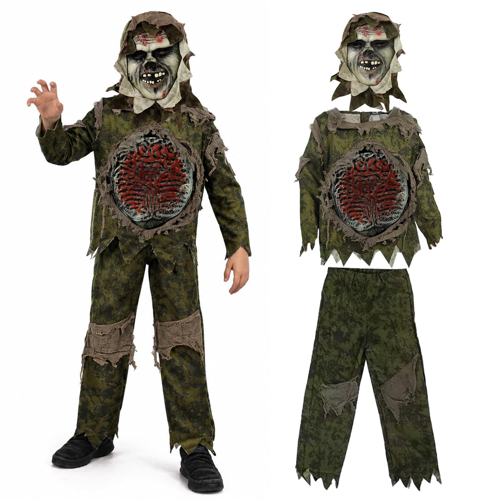 Kids Zombie Costume for Boys and Girls, 3-Piece Halloween Set with Mask
