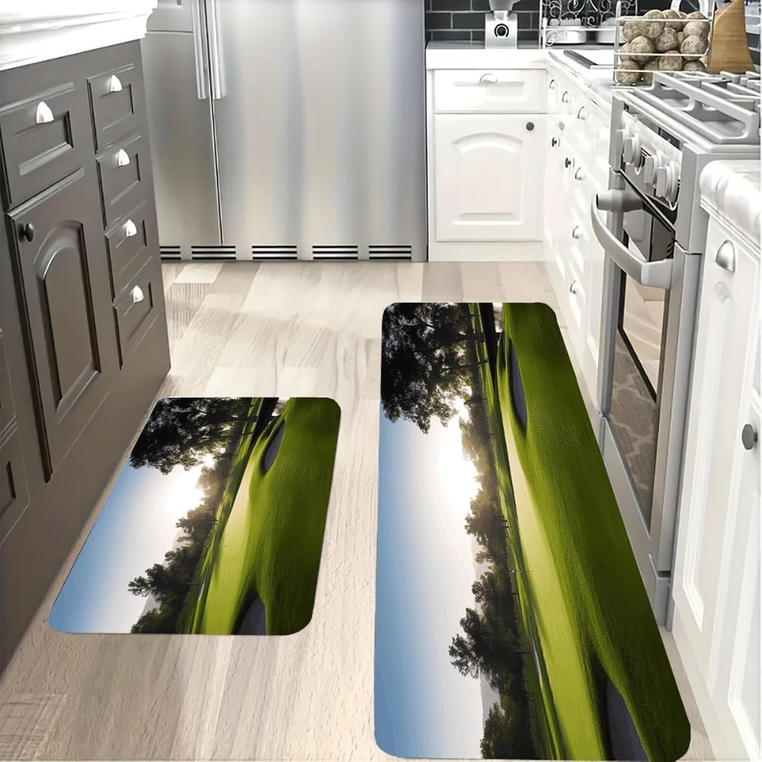 Golf Course Kitchen Mat Washable Non Slip Rugs Soft Kitchen Mats for Floor Set of 2 PCS Cushioned Absorbent Runner Standing Rugs for Home Sink Laundry Office