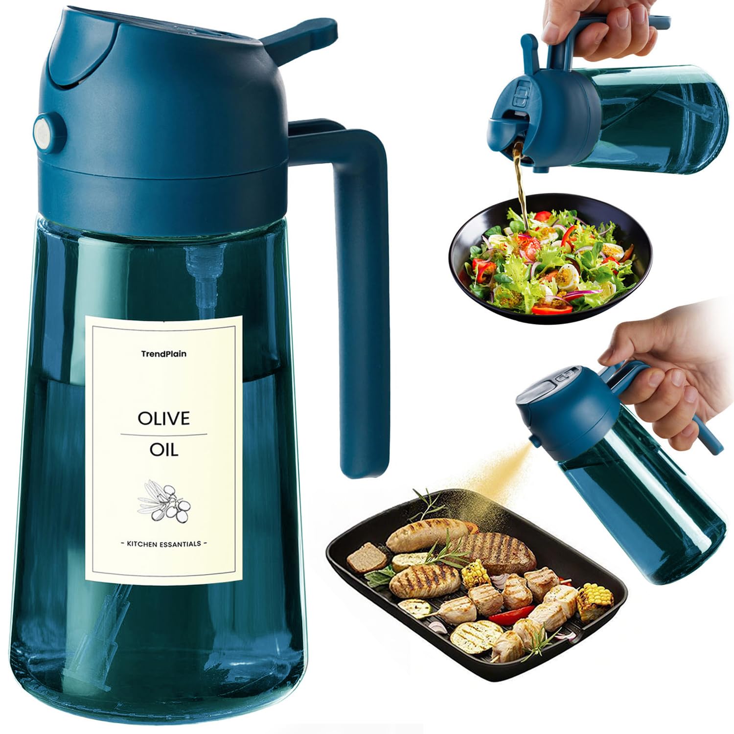 TrendPlain 16oz/470ml Blue Glass Olive Oil Sprayer for Cooking - 2 in 1 Olive Oil Dispenser for Kitchen Gadgets, Air Fryer, Salad, and BBQ - Navy