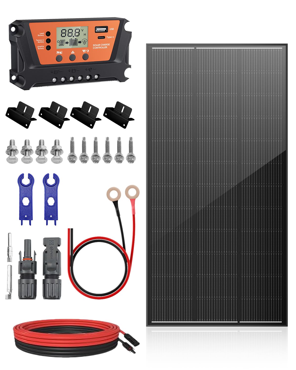 200 Watt Solar Panel Kit, 18BB 200W N-Type Solar Panels 25% Efficiency, 30A Charge Controller, 10AWG Solar Cable and Tray Cable, Black Z Brackets, for Off-Grid System, Boat, Camper-picture-10
