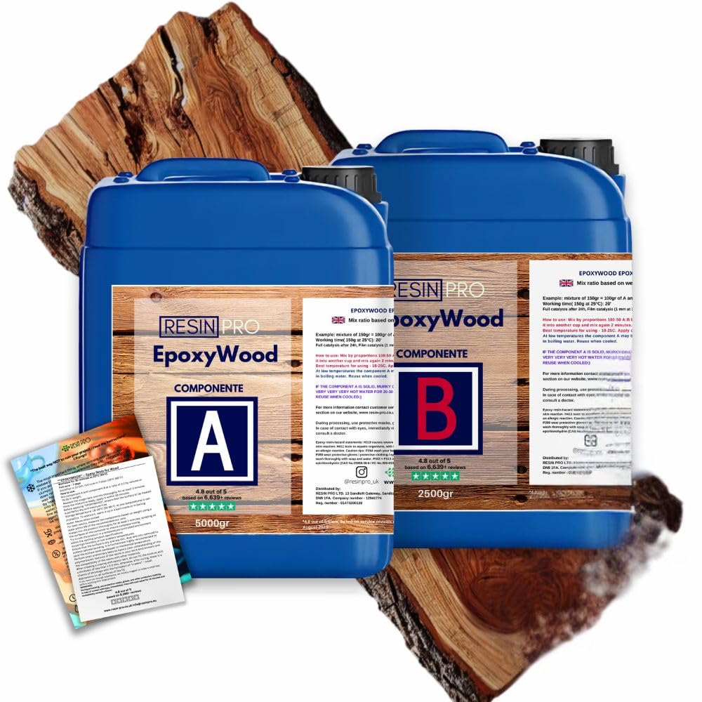 Resin Pro EPOXYWOOD 7,5 Kg Resina Epoxi para Madera - Resina para Revestimiento de Protección, Restauración, Refuerzo para Madera, Fibra de Vidrio y Metal