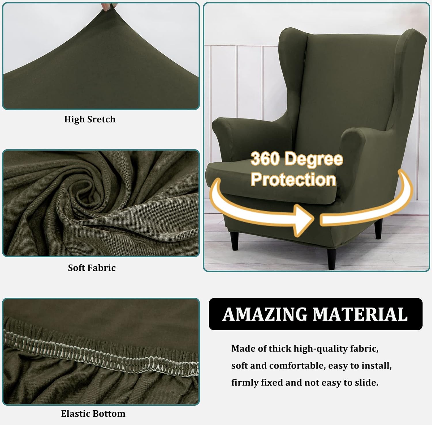 NILUOH Wingback Chair Cover 2-Piece Soft Stretch Wing Chair Slipcover Solid Color Armchair Sofa Couch Cover Furniture Protector with Elastic Bottom for Living Room Bedroom (Gray-Green)
