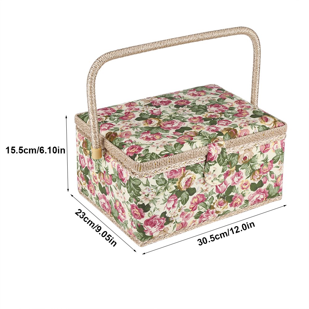 Estink Scatola da Cucito in Tessuto con Stampa Floreale - Organizer Multifunzione 30,5x23x15,5cm, Portatile con Manico, Ideale per Cucito, Ricamo e Accessori