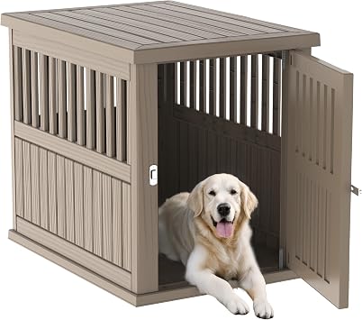 DRATO Dog House Resin Dog Kennel Furniture Weatherproof Functional End Table for Indoor Living Spaces & Outdoor PatiosLight Brown, Large 39.37 * 28.35 * 32.83