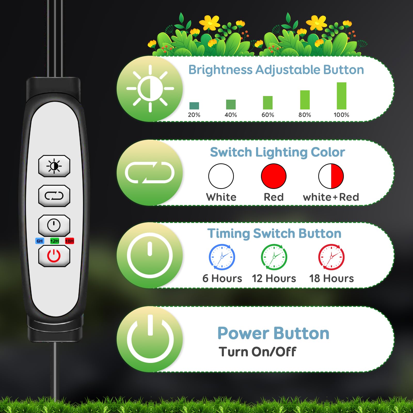 3 teste di luce per piante, Lampada per Piante LEDs, Lampada Piante Coltivazione, Luce di crescita a spettro completo, Lampada di Crescita con Timer Auto on/off 6/12/18H per Frutta Verdure Fiore