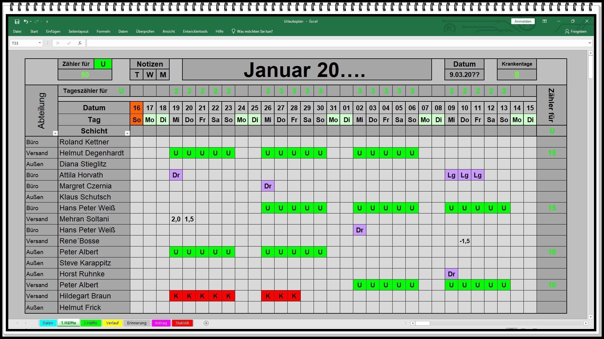 Excel Urlaubsplaner 2026 2027 u.s.w. digitaler Urlaubskalender Personalplaner Dienstplaner Urlaubsplan mit Statistik Jahresübersicht Urlaubsantrag | Urlaub, Krankheit und Überstunden übersichtlich planen und automatisch auswerten.