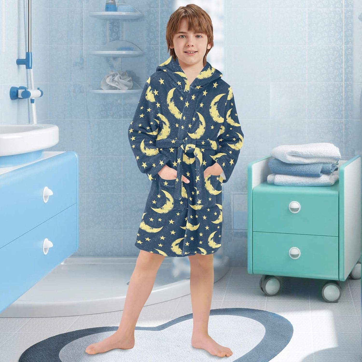 Cartoon Moon Theme Toddler Hooded Bathrobe for Boys Girls Soft Plush Bath Towel Robe 2-12 Years