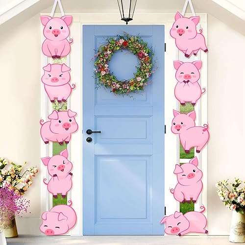 Jecery Decoración de fiesta de cumpleaños con estampado de cerdo, letreros de puerta con temática de animales de granja, carteles de recortes de