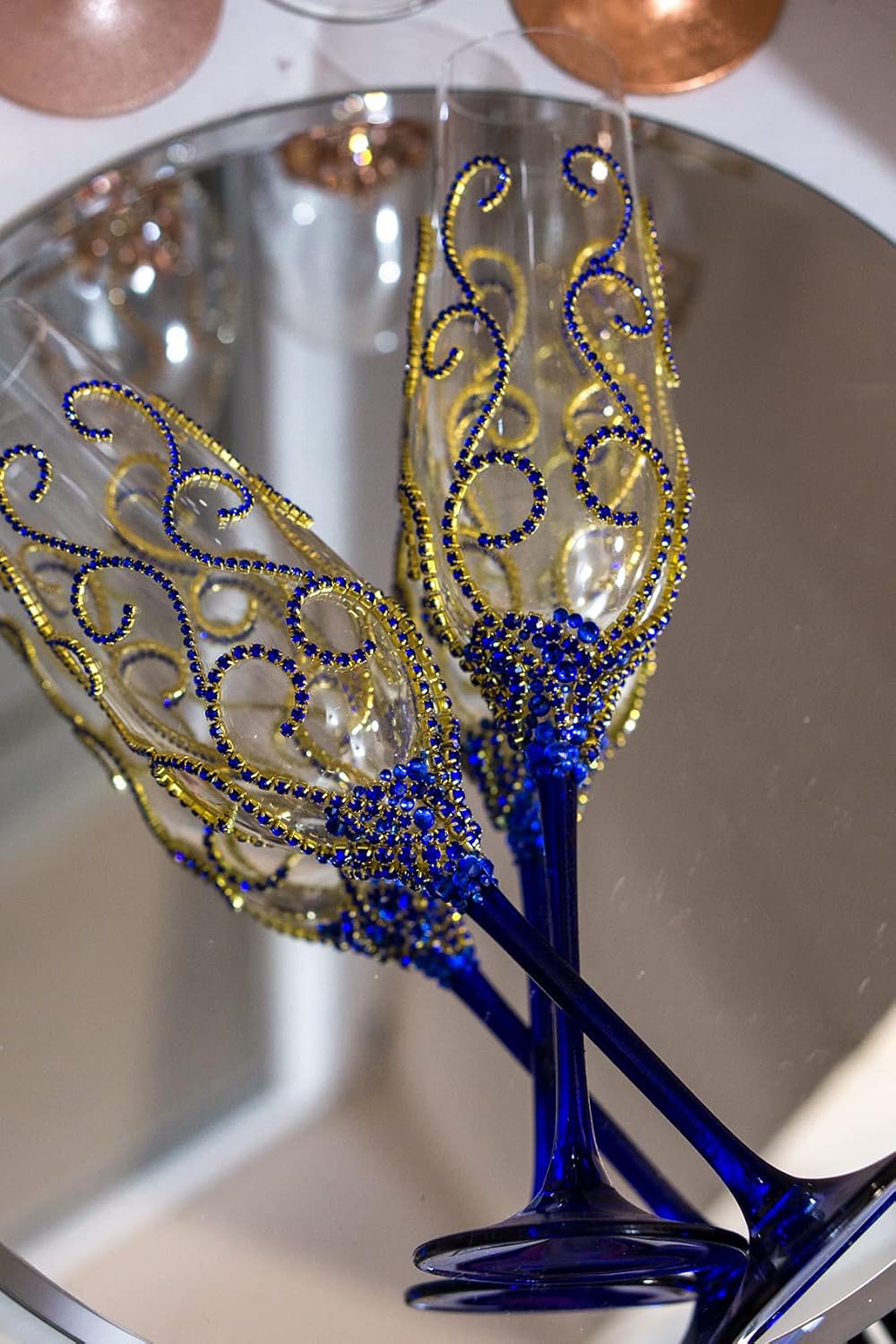 Navy Blue and Gold Wedding Decor - Engraved Champagne Flutes - Wedding Glasses - Wedding Toasting Glasses for Bride and Groom - Wedding Gift Set