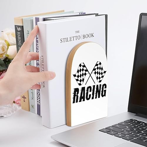 Miniatura 6 de Banderas a cuadros de madera para coche de carreras, sujetalibros decorativos antideslizantes para estantes, 1 par de 7 x 5 pulgadas