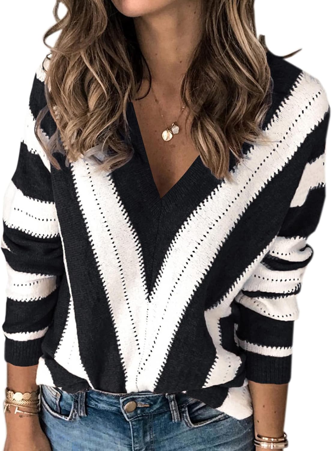 PRETTYGARDEN Sweaters for Women 2026 Long Sleeve Striped Knitted V Neck Pullover Jumper Tops Fall Outfits Fashion Clothing