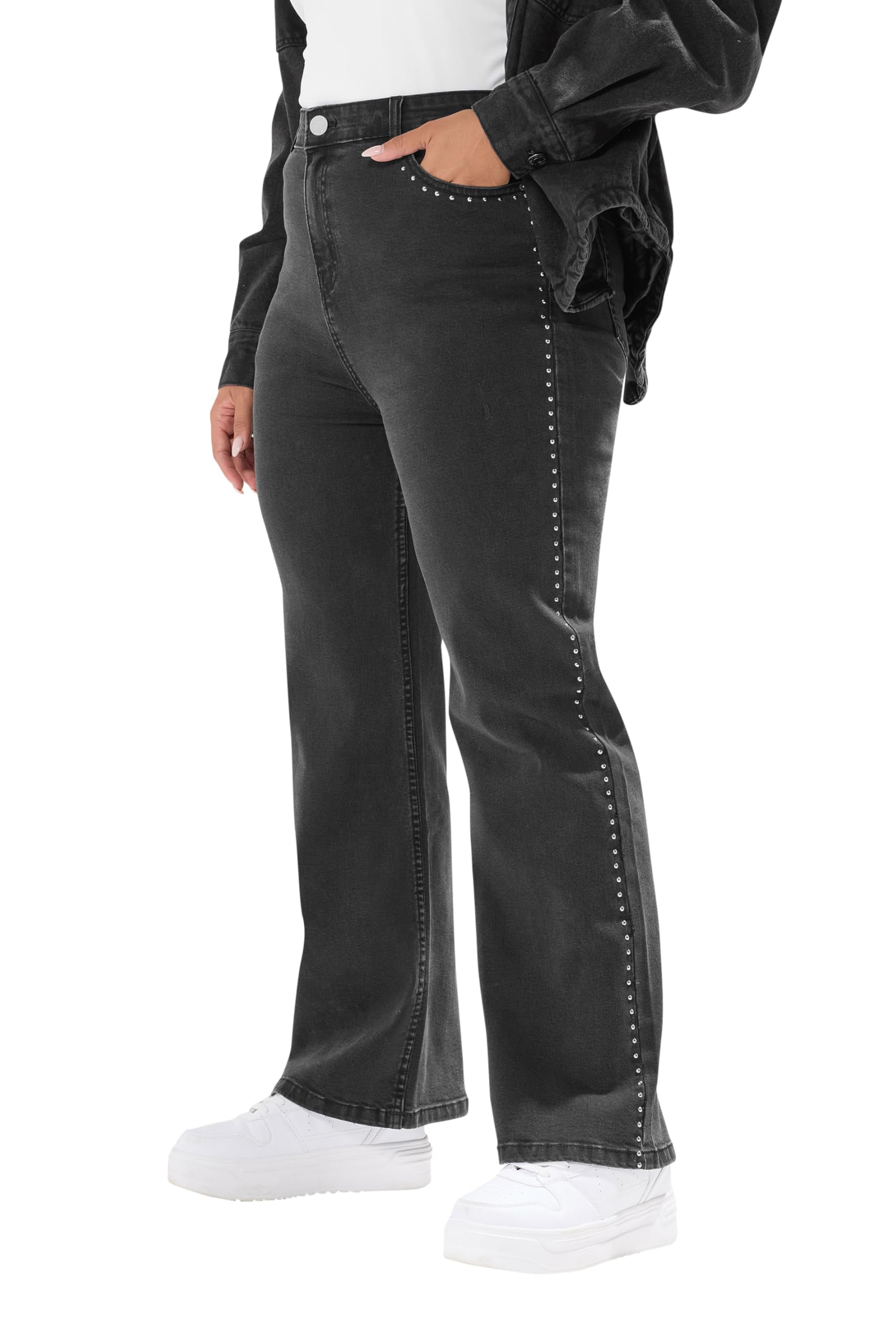Yours Women's Black Studded Wide Leg Jeans In | Size: 20
