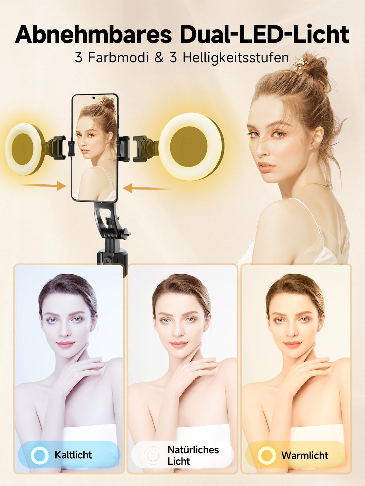 Handy Stativ mit Verfolgung, Rollei 360 Grad Rotation Automatic Face Tracking Smartphone Tripod Selfie Stick 163 cm mit Licht und Fernbedienung zum Filmen Vlog, Handy-Stative-Video-Smartphone-Tripod