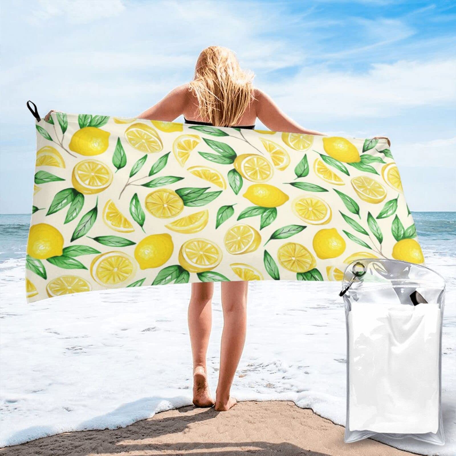 Lawenp Lemons Pattern Microfiber Beach Towel Adults Large Quick Drying Bath Towel Travel Towels with Pouch 27.5"x55"