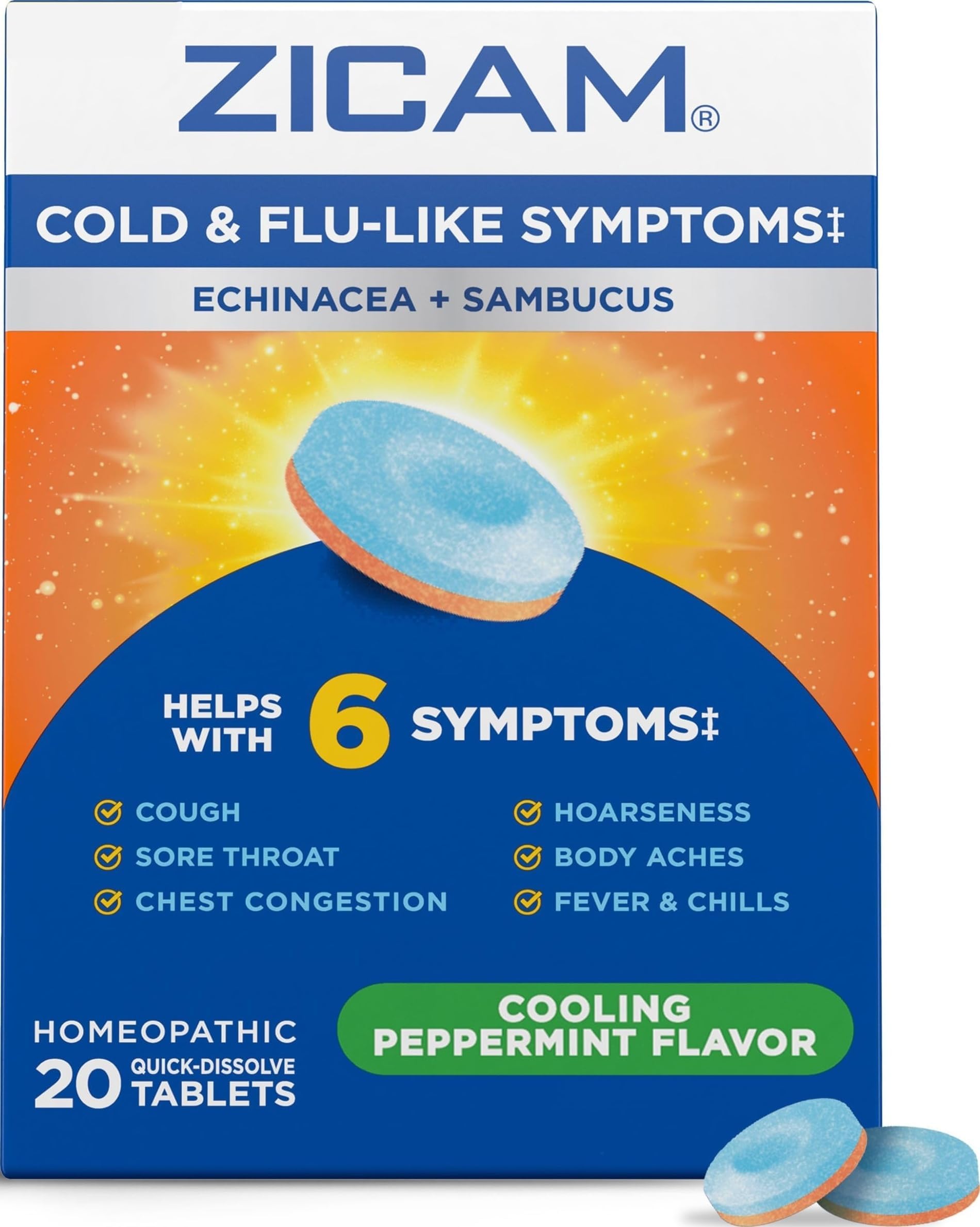 Zicam Cold & Flu-Like Symptoms, Cooling Peppermint Flavor, 20 Tablets | Homeopathic, With Echinacea and Sambucus, Zinc, Helps with Cold Symptoms