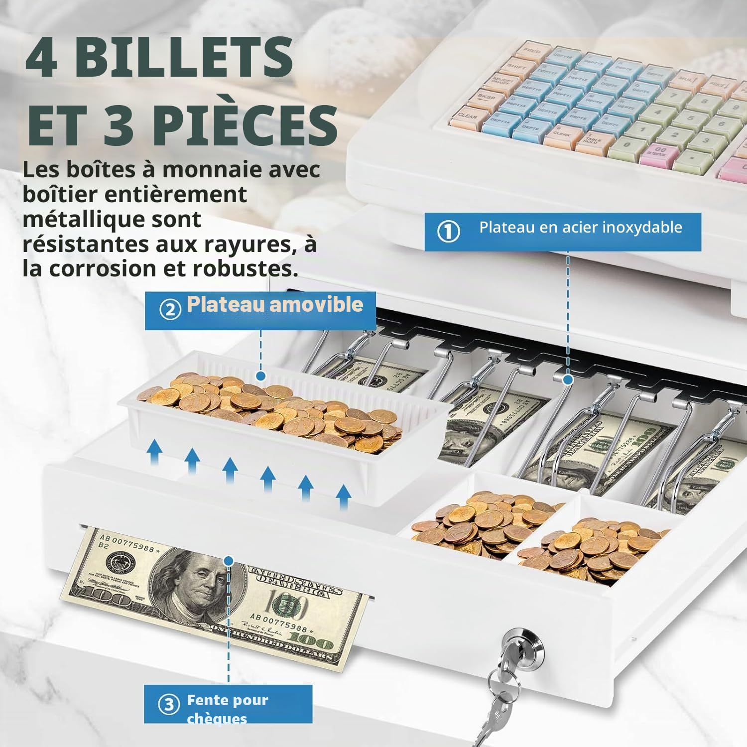 MXBAOHENG 48 touches Caisse enregistreuse électronique avec imprimante de tickets et tiroir de caisse, Système de caisse de supermarché Caisse LED pour Restaurant, café, grands marchés (En anglais)