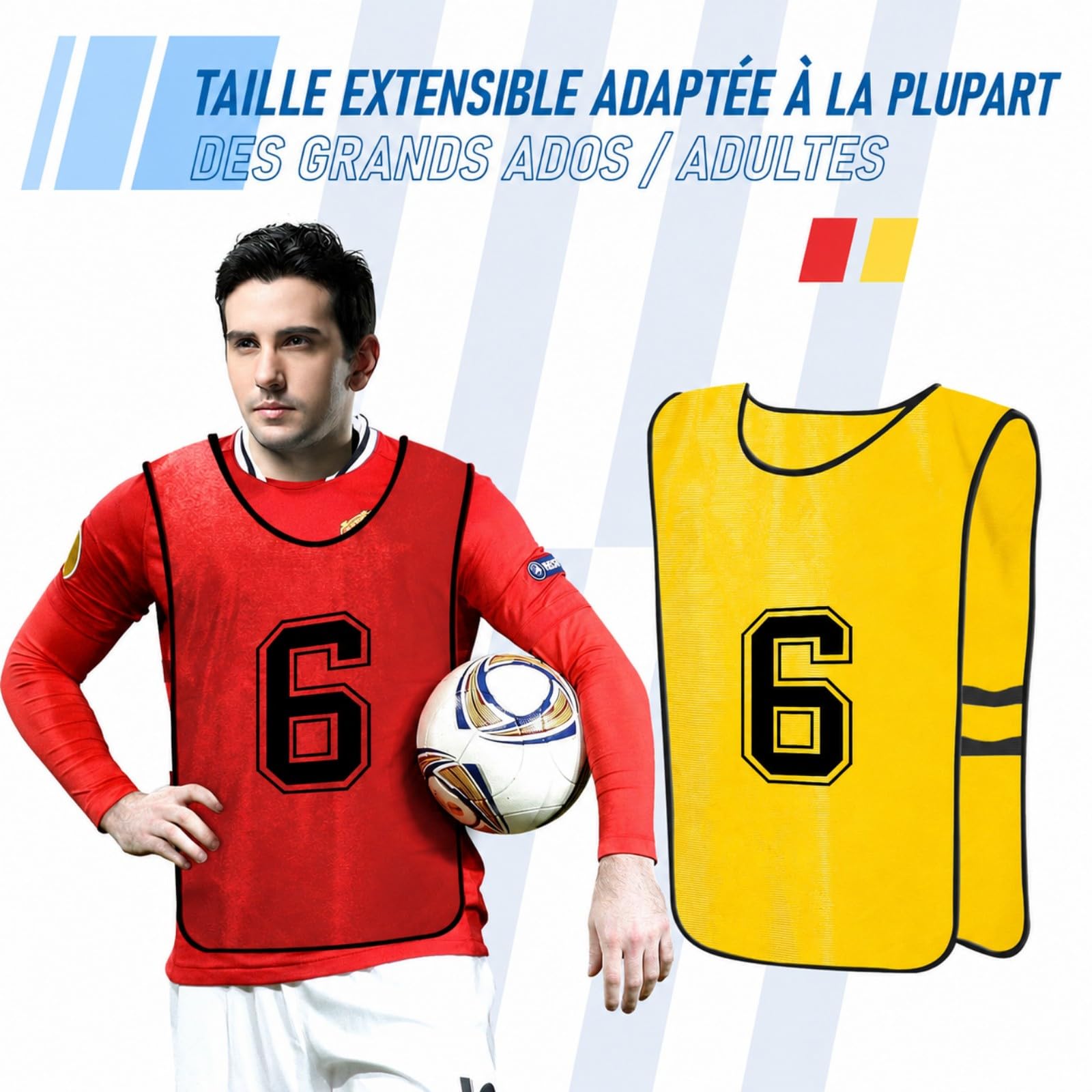 24 Chasubles de Football Numérotées pour Adultes – Dossards d’Entraînement Équipe en Polyester Respirant, Gilets de Match Réversibles pour Football, Basket, Rugby, Volley – Rouge & Jaune