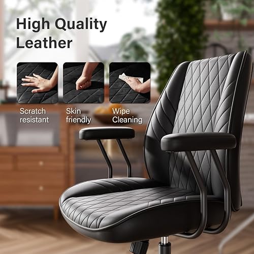 Miniatura 6 de Silla de escritorio de oficina de cuero negro con ruedas, ruedas silenciosas, altura ajustable, brazos acolchados, silla de oficina vintage de