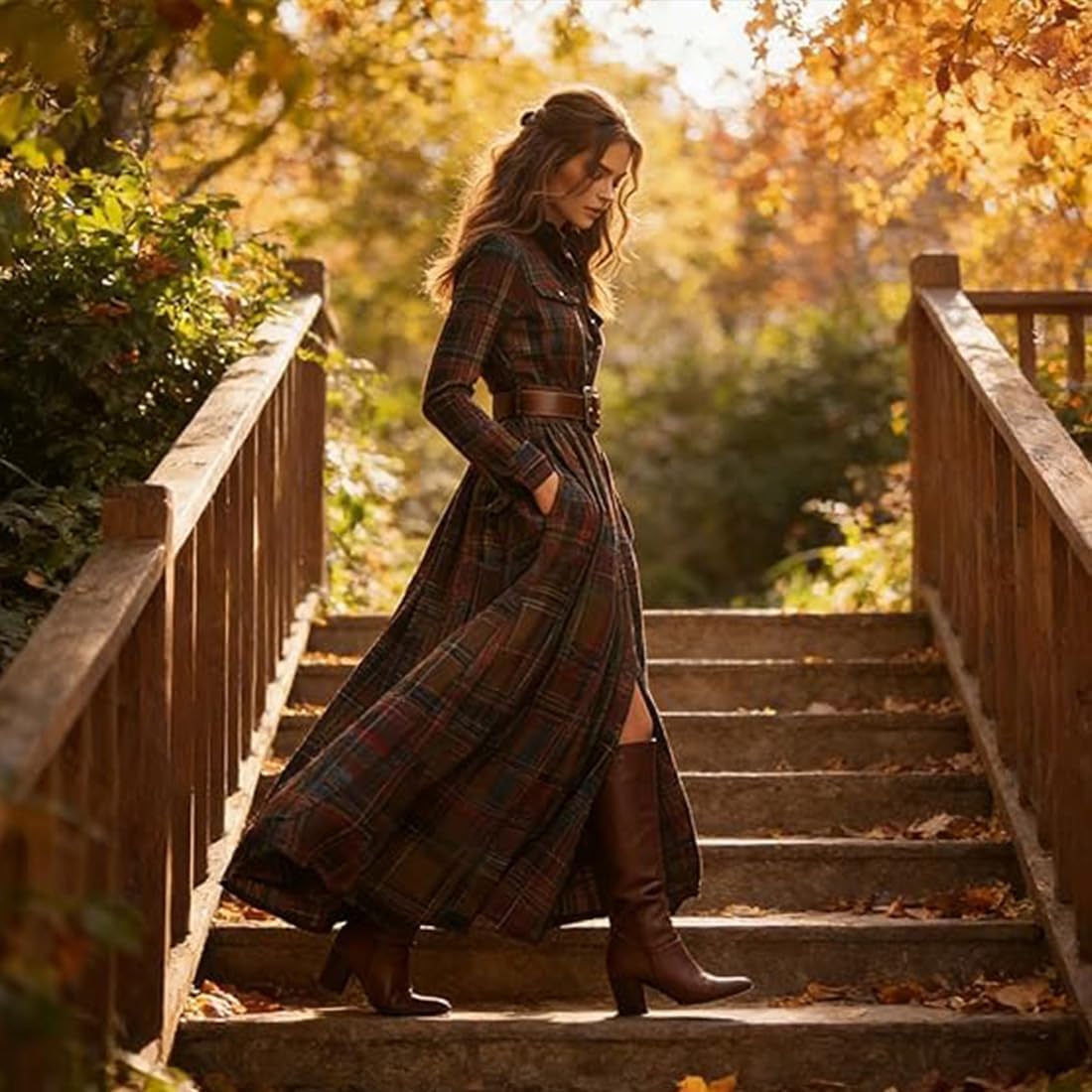 Women's Plaid Long Sleeve Maxi Dress Belted Vintage Western High-Waist Flowy Shirt Dresses Casual Pastoral Dress - Image 3