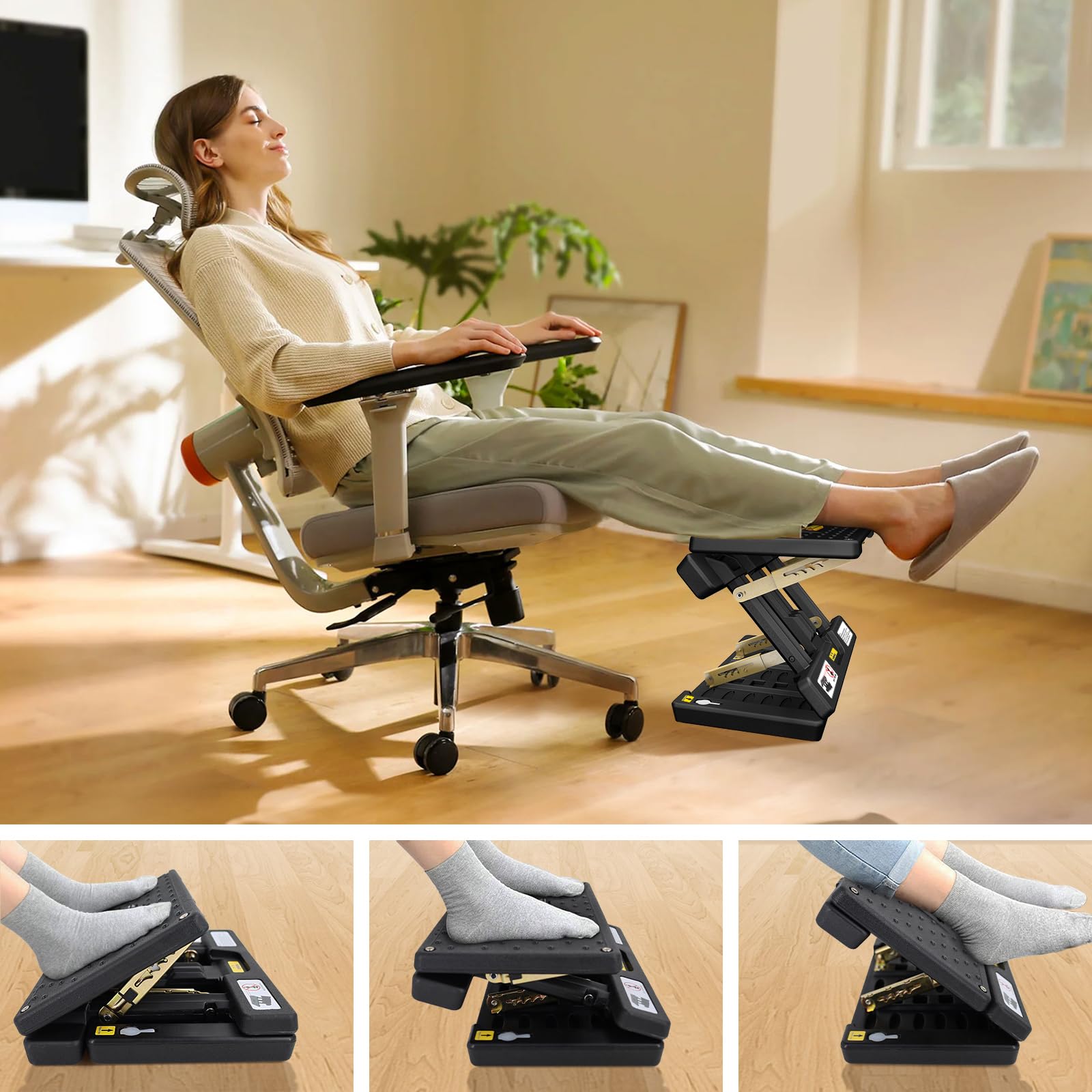 Reposapiés plegable, reposapiés para computadora debajo del escritorio, 12 modos de reposapiés ergonómico ajustable para oficina, capacidad de carga de 80 libras, almohadilla de tela suave