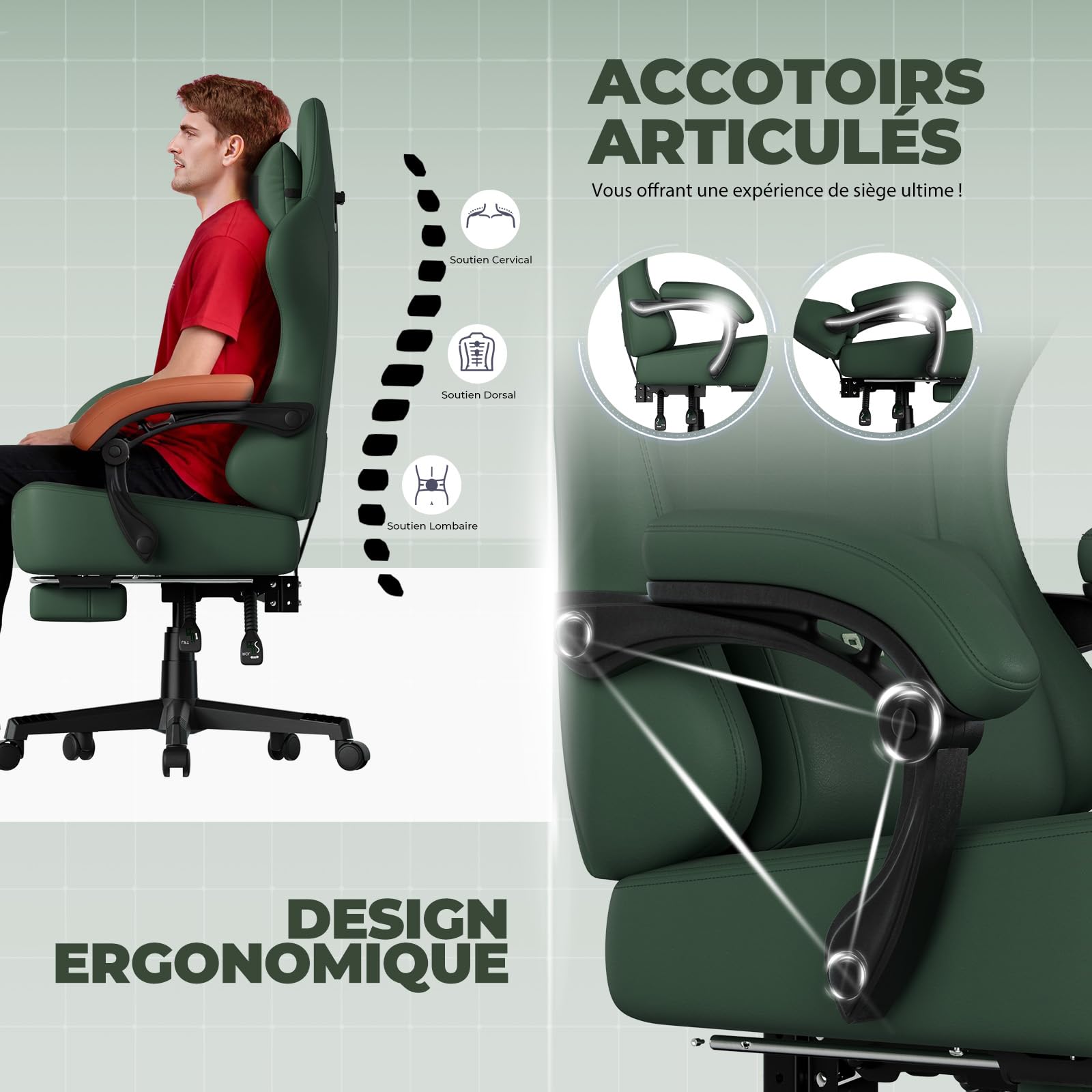 GTPLAYER Chaise de Gaming - Respirante - Ergonomique - Simili Cuir de qualité supérieure - Chaise Ergonomique en Polycarbonate - Dossier réglable à 160° et Repose-Pieds Extensible -Charge 180 kg -Vert