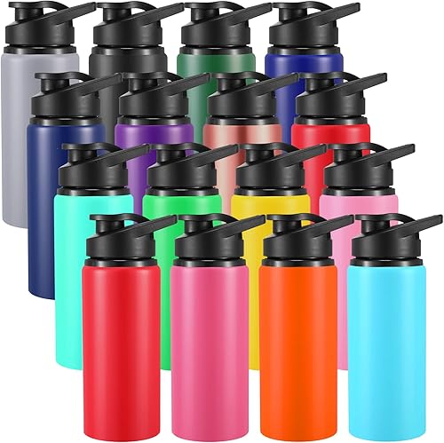 Yinder 16 botellas de agua de aluminio de 20 onzas a granel, multicolor, reutilizables, con tapas a presión, paquete múltiple de botellas de agua al