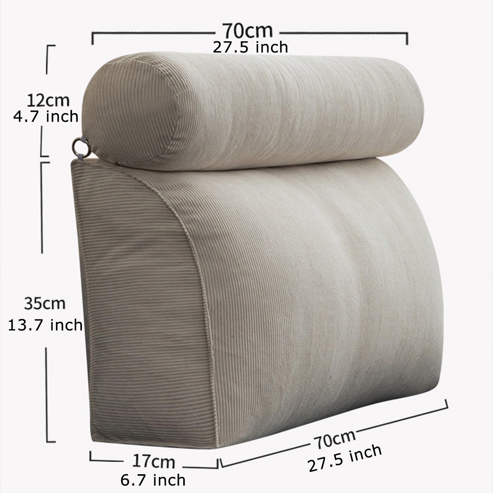 Cojín De Respaldo Tipo Cuña De Pana para Camas Individuales, Sofás Cama | Diseño de respaldo triangular con cojín cilíndrico desmontable para el cuello; ideal para leer o trabajar sentado 70x45x17cm