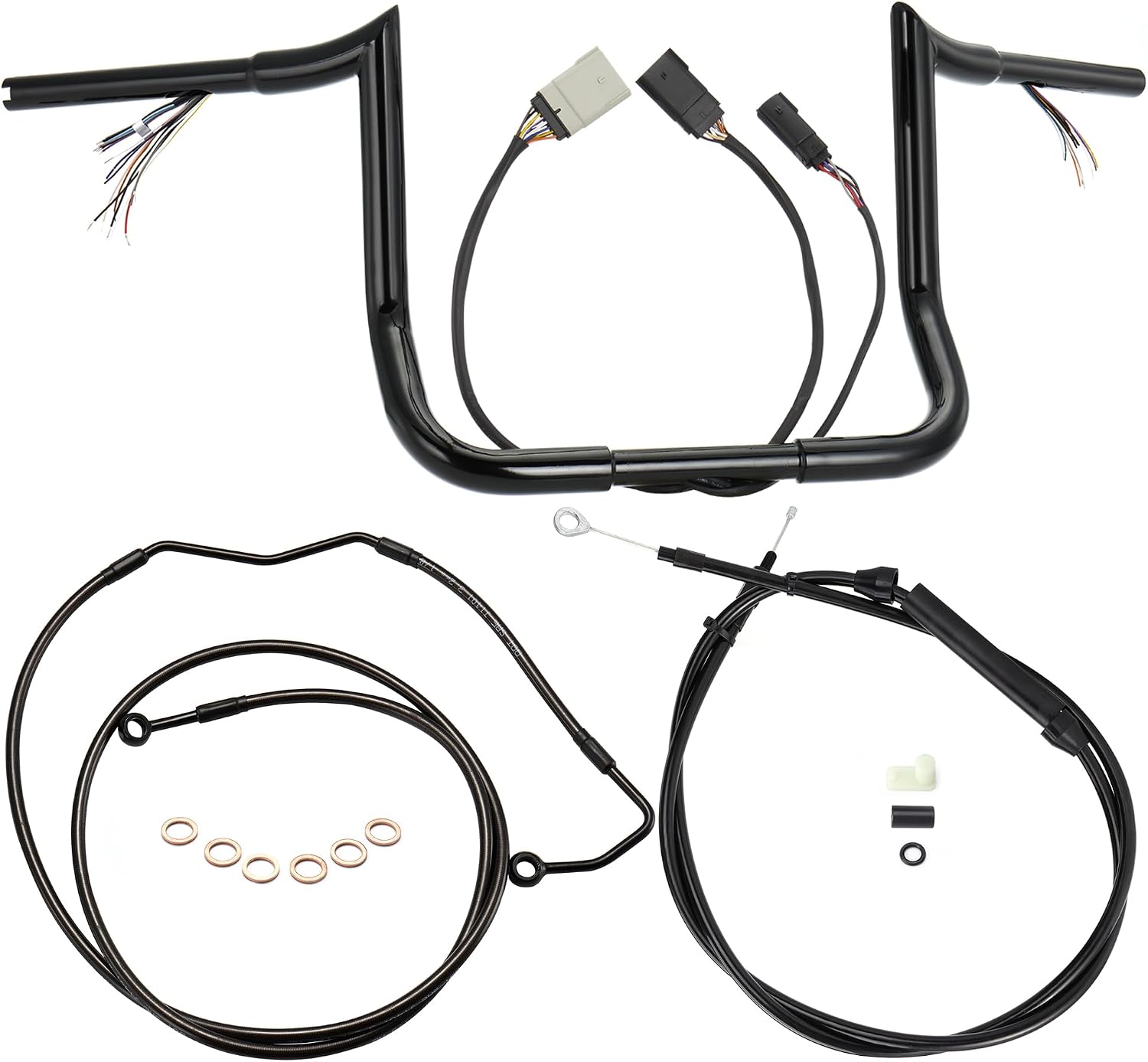 Pre-wired 14" Rise Pre-wired Ape Hangers Handlebars with Clutch Cable Brake Line 1.25" Meathook Miter Cut for Harley 2008-2013 Street Glide/Electra Glide/Ultra Limited with ABS, Black