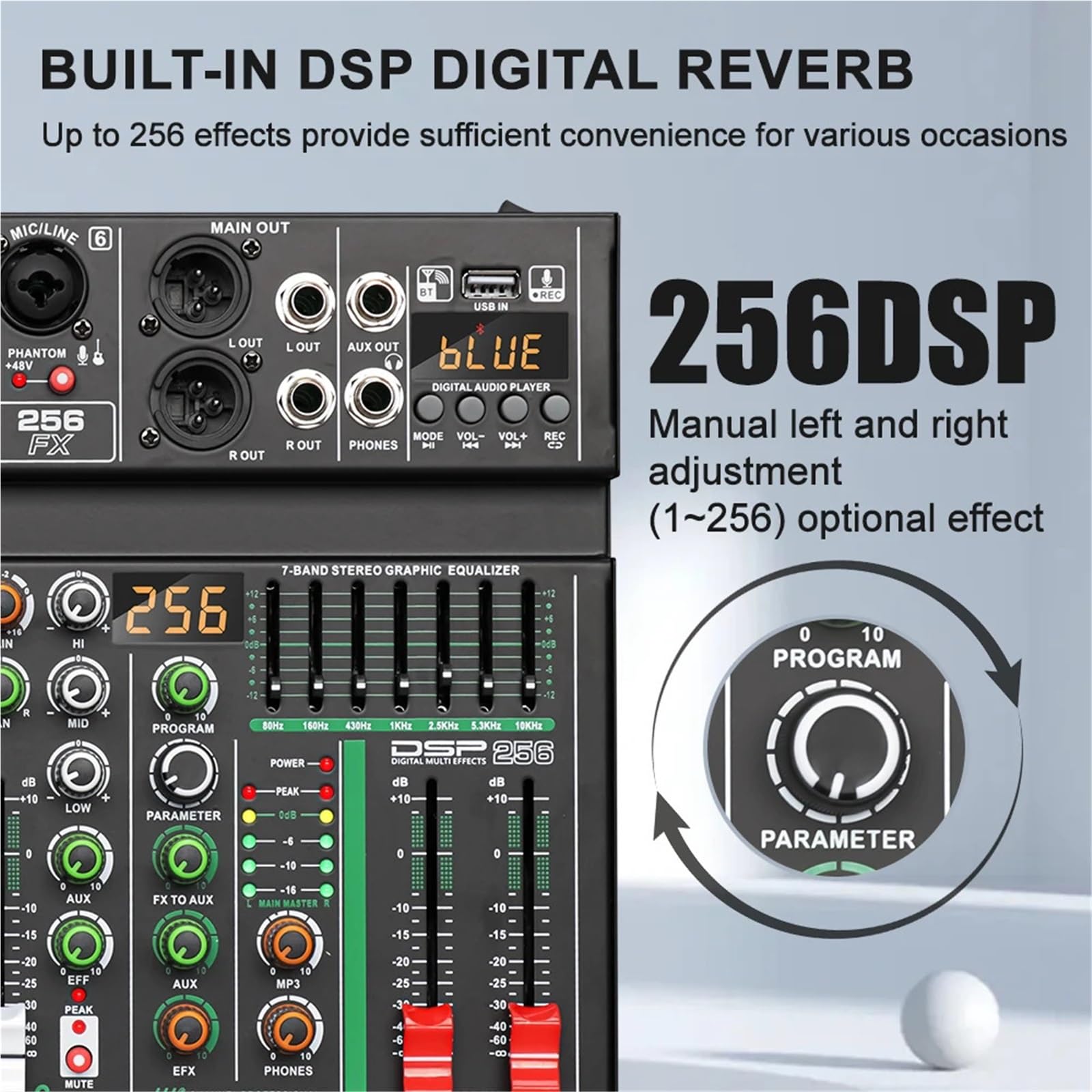 Mixer con effetti DSP a 6 canali, 256 canali, registrazione, PC, alimentazione Phantom a 48 V, mixer USB, console DJ Bluetooth, mixaggio