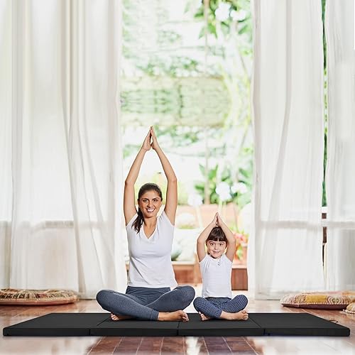 Miniatura 8 de GYMAX Colchoneta de gimnasia, 4 x 8 x 2 pulgadas, plegable, gruesa, con asas de transporte y costuras resistentes, cubierta de piel sintética